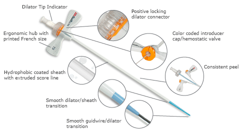 Adelante® SafeSheath® Ultra Lite hemostatic valve peel away introducer system, shows dilator tip indicator, positive locking dilator connector, color coded introducer cap hemostatic valve, consistntly clean and smooth peel, smooth guidewire dilator transition, smooth dilator sheath transition, hydrophobic coated sheath with extruded scoreline and ergonomic hub with printed french size 